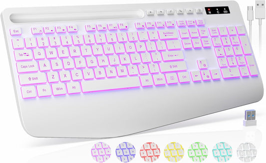 Wireless Keyboard with 7 Colored Backlit, Wrist Rest, Phone Holder, Rechargeable Ergonomic Computer Keyboard with Silent Keys, Full Size Lighted Keyboard for Windows, MacBook, PC, Laptop (White)