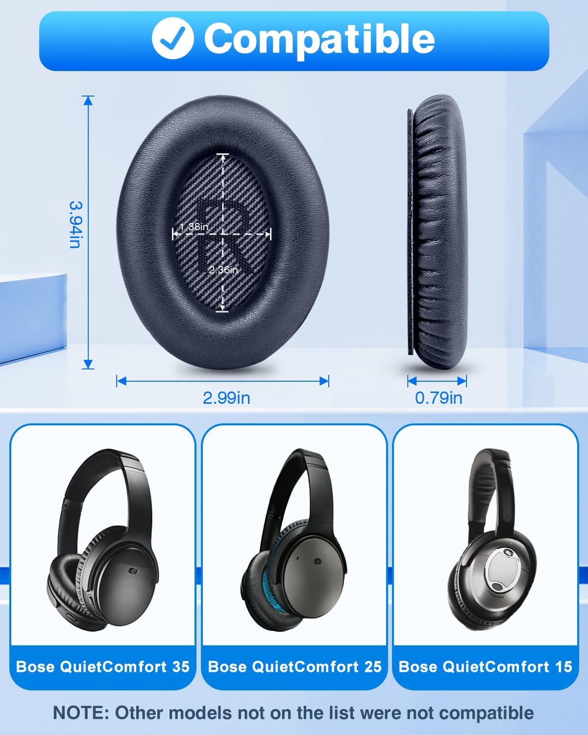 Link Dream Ear Pads for Bose Quiet Comfort 35 Soft Protein Leather Replacement Earpads Ear Cushions Ear Pad for Bose QC 35/25 / 15 QC2 / Ae2 / Ae2i / Ae2W / Sound Link/Sound True (Blue)