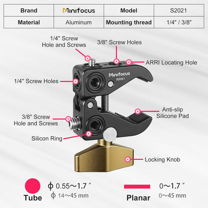 MINIFOCUS Super Clamp Mount, Tripod Clamp with 1/4" & 3/8" Threaded Holes, 3/8" Locating Pin for ARRI Standard, T-Shaped Wingnut and Silicone Pad, Versatile Crab Clip Strong Clamp for Camera/LED Light