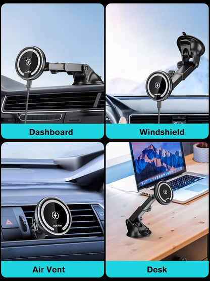 for Magnetic Magsafe Car Mount Charger, Wireless Car Charger with Fast Max 38W QC3.0Charging Adapter Retractable Phone Holder Fits iPhone16/15/14/13Plus/MagSafe Case,Dashboard/Vent/Windshield