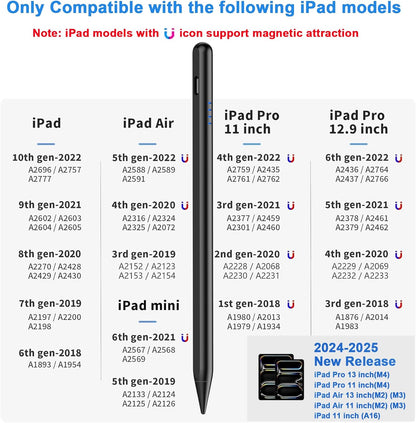 Stylus Pen for iPad 9th&10th - Fast Charge for iPad Pencil Palm Rejection Active Pen Compatible with (2018-2025) Apple iPad 6/7/8/9/10/11(A16), iPad Pro 11"/12.9"/M4, Mini 5/6, Air 3/4/5/M2/M3 (Black)