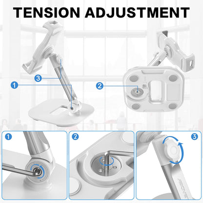 AboveTEK Upgraded Desktop Tablet Stand, 360° Swivel Tablet & Phone Desk Mount Holders for Any 4.7''-13.5'' Display iPad/Cell Phones, Stylish & Sturdy Stands for Store Office Showcase Reception (White)
