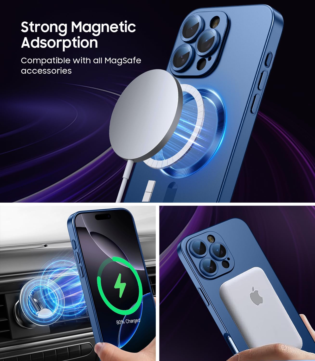 Magnetic for iPhone 16 Pro Max Case [Compatible with MagSafe][Built-in Camera Lens Protector] Slim Soft Silicone Bumper Shockproof Metallic Luster Phone Case (Blue)