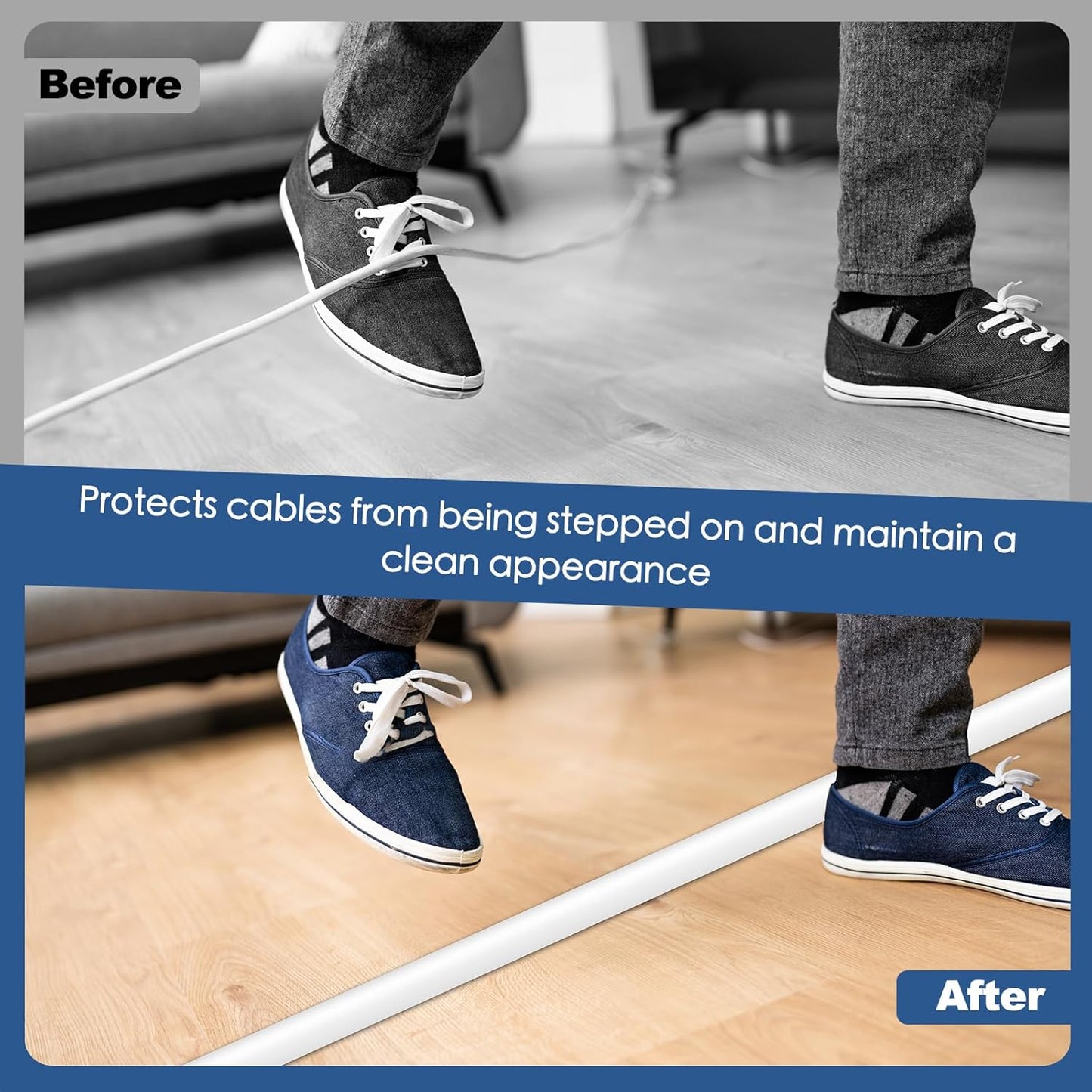 Floor Cord Cover for Wires on Floor Self Adhesive Cord Hider Floor Cable Management Wire Covers for Cords Protector Prevent Cable Trips Cord Cavity W 0.32" x H 0.32", White, 3.3Ft