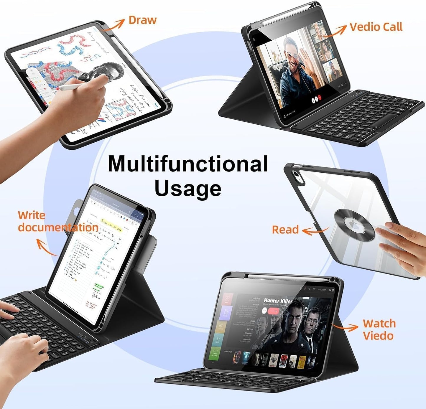 for iPad 11th 10th Generation Case with Keyboard, Magnetic 720° Rotatable Cover Detachable Wireless Bluetooth Backlit Keyboard with Pencil Holder for iPad 11 inch A16 2025 & 10.9 inch 2022 -Black