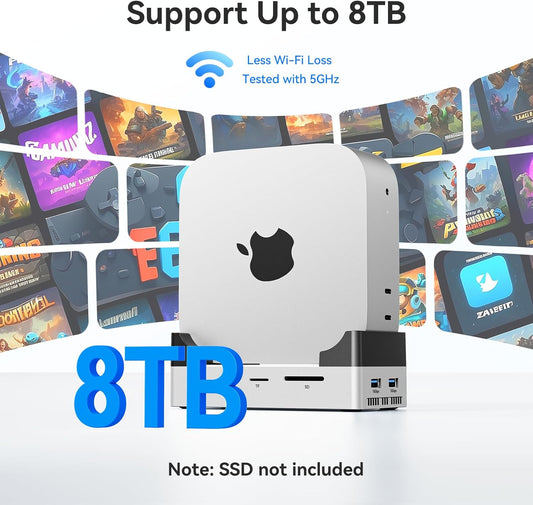 ANYOYO Mac mini M4 Dock and Stand, 10-in-1 Aluminum USB-C Hub with M.2 NVMe SSD Enclosure, 4K 60Hz Dual HDMI, 10 Gbps USB-C/A, 30W PD-in, Smart Fan Cooling, Wi-Fi Signal Friendly Design, Silver