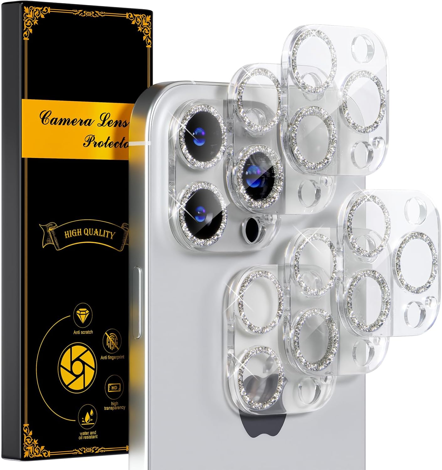 beuxece for 6 Pack iPhone 16 Pro/iPhone 16 Pro Max Camera Lens Protector [Drop Protection] [Case Friendly] [Easy Installation] 9H Tempered Glass Camera Screen Protector Cover, Glitter Silver