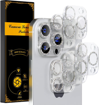 beuxece for 6 Pack iPhone 15 Pro/iPhone 15 Pro Max Camera Lens Protector [Drop Protection] [Case Friendly] [Easy Installation] 9H Tempered Glass Camera Screen Protector Cover, Glitter Silver