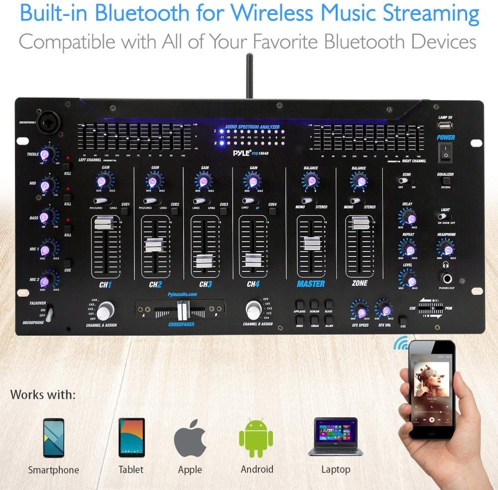 Pyle 6 Channel Mixer DJ Controller with Bluetooth, Professional Sound Digital Mixing System with LED Illumination, Slider Controls, Speed Control, 10 Band Equalizer 5U Rack Mount System - PYD1964B.5