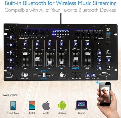 Pyle 6 Channel Mixer DJ Controller with Bluetooth, Professional Sound Digital Mixing System with LED Illumination, Slider Controls, Speed Control, 10 Band Equalizer 5U Rack Mount System - PYD1964B.5