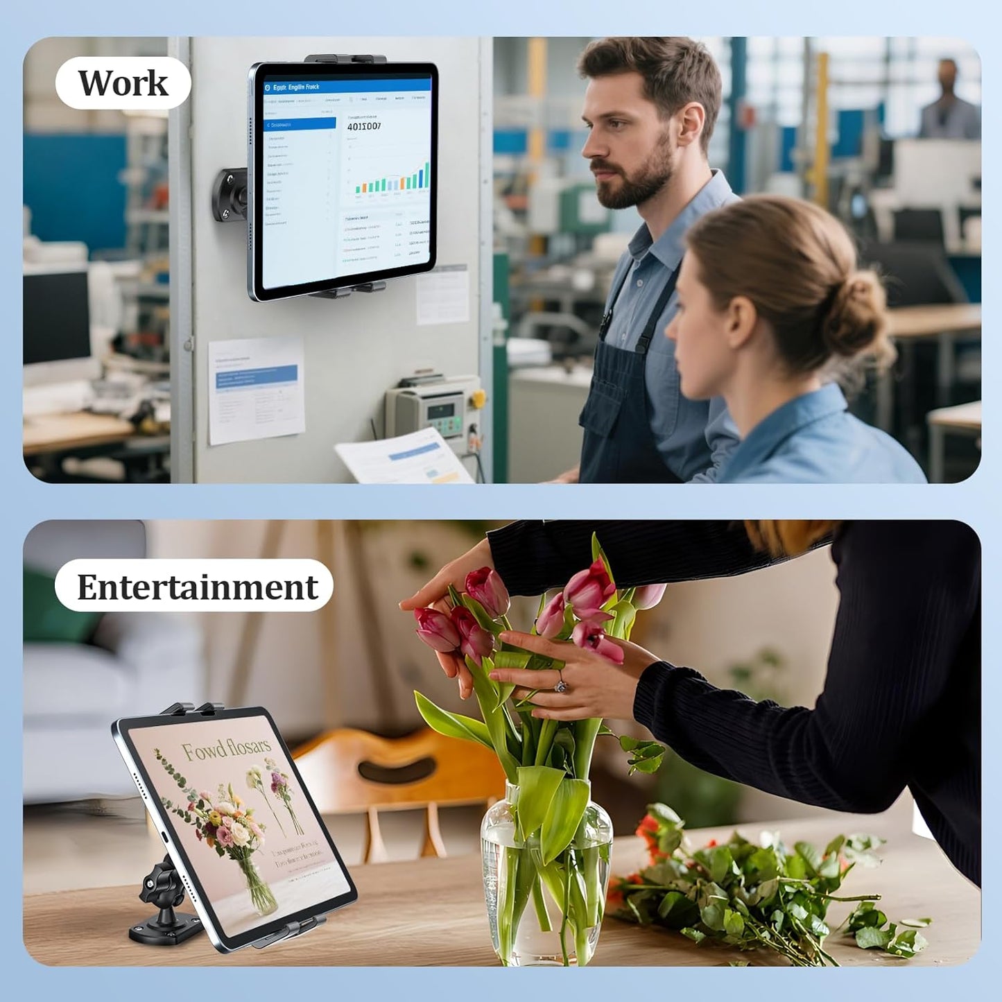 OHLPRO Tablet Wall Mount Holder for iPad 360° Adjustment with Arm and Heavy Duty Drill Base, Compatible with 5"-13" iPad Phone Samsung Tab eReader Surface Kindle for Home, Kitchen, Screw Installation