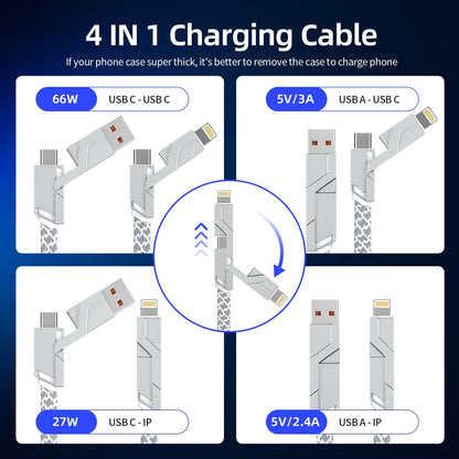 4 in 1 Charging Cable 5FT -MAX 66W Fast Charging Multi Charging Cable for All Devices, USB A/C to C/Lightning Cable Multiple iPhone Charger Cord for iPhone 16/15/14/13/iPad/Android/Tablets and More