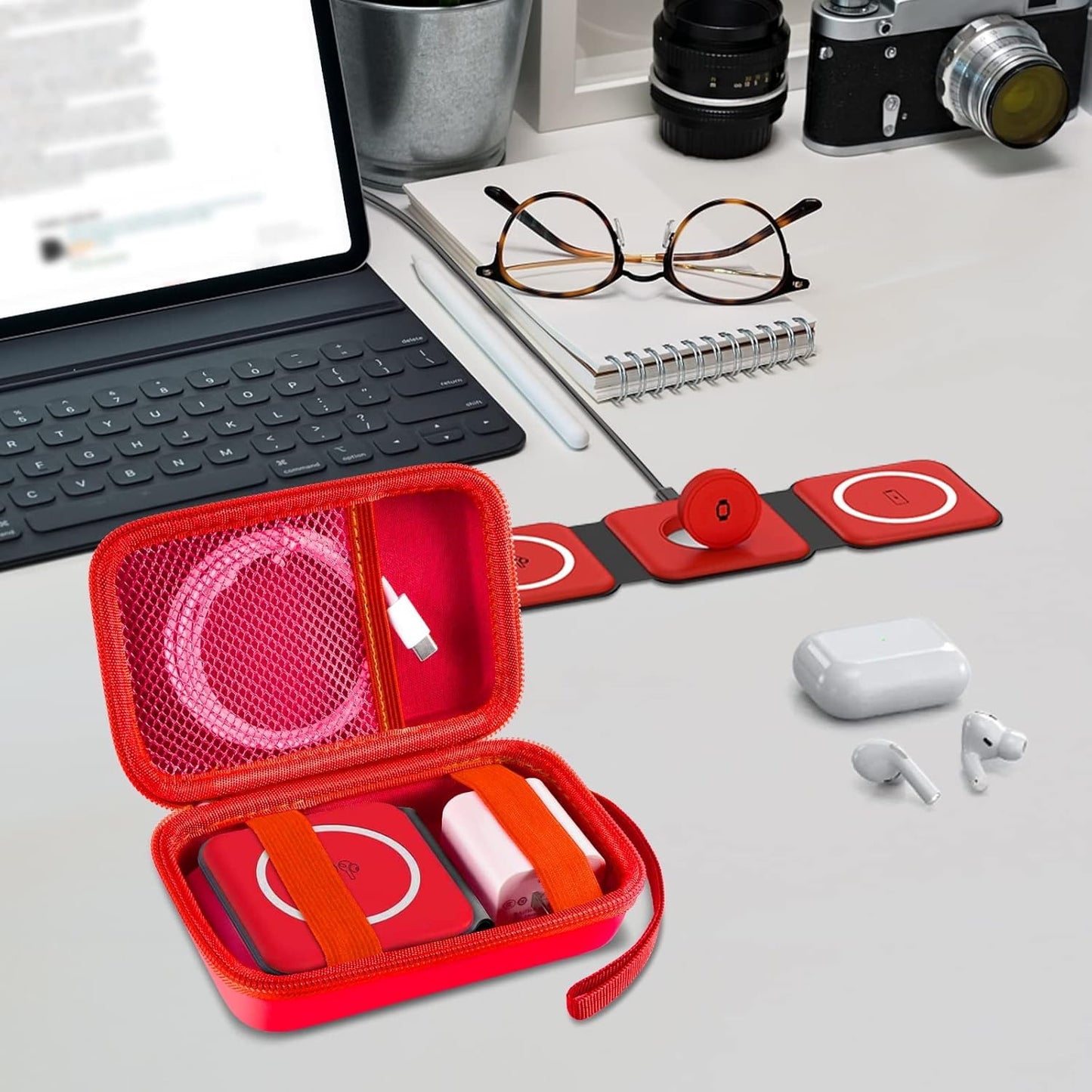 Travel Case for UCOMX for Nano/for Iseyyox/for LISEN/for RTOPS 3 in 1 Wireless Charger, Foldable Magnetic Charging Station Storage Holder Bag for Fast Charge Pad Cable and Adapter, Red-Box Only