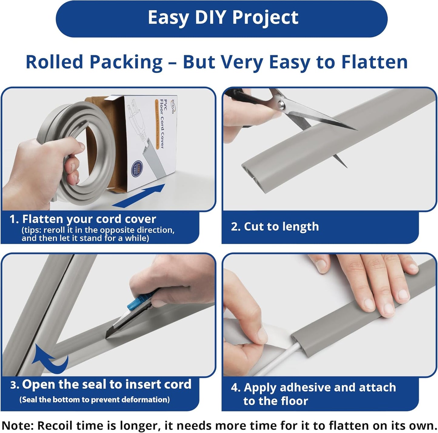 ZhiYo Floor Cord Cover 4ft, Cord Hider Floor Gray, Cable Management Cover Prevent Cable Trips, Wire Covers for Electric Power Cords, Wire Protector Cavity W0.47 x H0.28