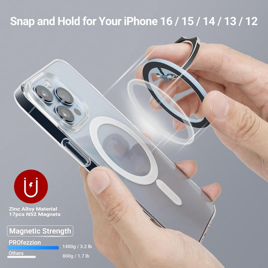 PROfezzion Thin Metal Ring Holder for MagSafe, Removable Strongest Magnetic Phone Grip for iPhone 16 15 14 13 12 Pro Max Plus with Mag-Safe Case [Not for Regular Case] [MagSafe Car Mount Compatible]