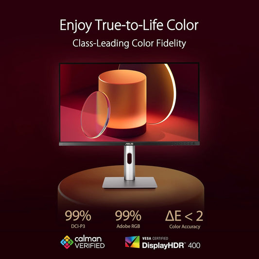 ASUS ProArt Display 27” 4K HDR Professional Monitor (PA279CRV) - IPS, UHD (3840 x 2160), 99% DCI-P3/Adobe RGB, ΔE < 2, Calman Verified, USB-C PD 96W, DisplayPort, Daisy-Chain, Ergonomic, 3yr Warranty