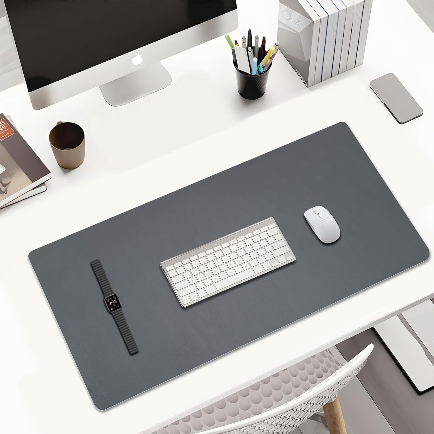 KINGFOM Desk Pad Office Desktop Protecter, PU Leather Desk Mat Blotters Organizer with Comfortable Writing Surface (47.2" x 23.6", White+Gray)