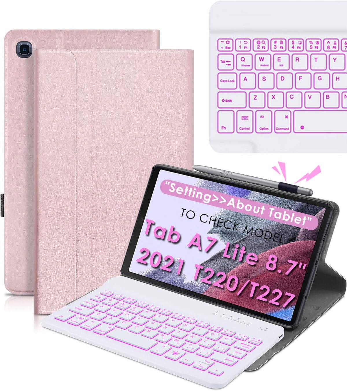 DETUOSI Backlit Keyboard Case for Samsung Galaxy Tab A7 Lite 8.7" 2021 (SM-T220/T227U) with S Pen Holder, 3 Viewing Angles Folio Leather Book Cover with Magnetic Closure + Wireless Keyboard Detachable