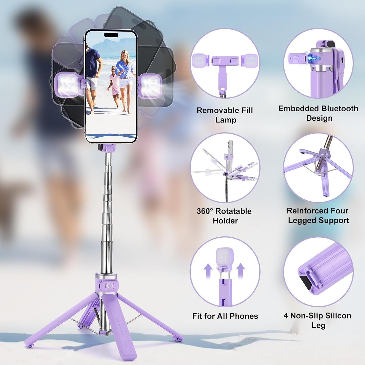 MQOUNY Mini iPhone Tripod Stand & Selfie Stick with Wireless Remote & Removable Light, Extendable Stand 360 Rotation Compatible with iPhone & Android Samsung (Purple)
