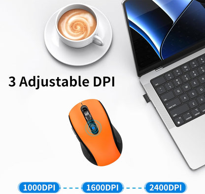 Wireless Mouse Ergonomic, Side Buttons Mouse, 2400 DPI, Silent and Anti Slip Roller Cordless Mice, 2.4Ghz with USB Receiver, 6 Buttons, Suitable for Laptop PC Chromebook and Windows 11/10/7 - Orange