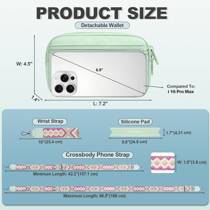 Clip and Go Strap for Phone with Wallet Crossbody, Adjustable Phone Lanyard with Detachable RFID Wristlet Wallet, Pattern Strap - Green (L)