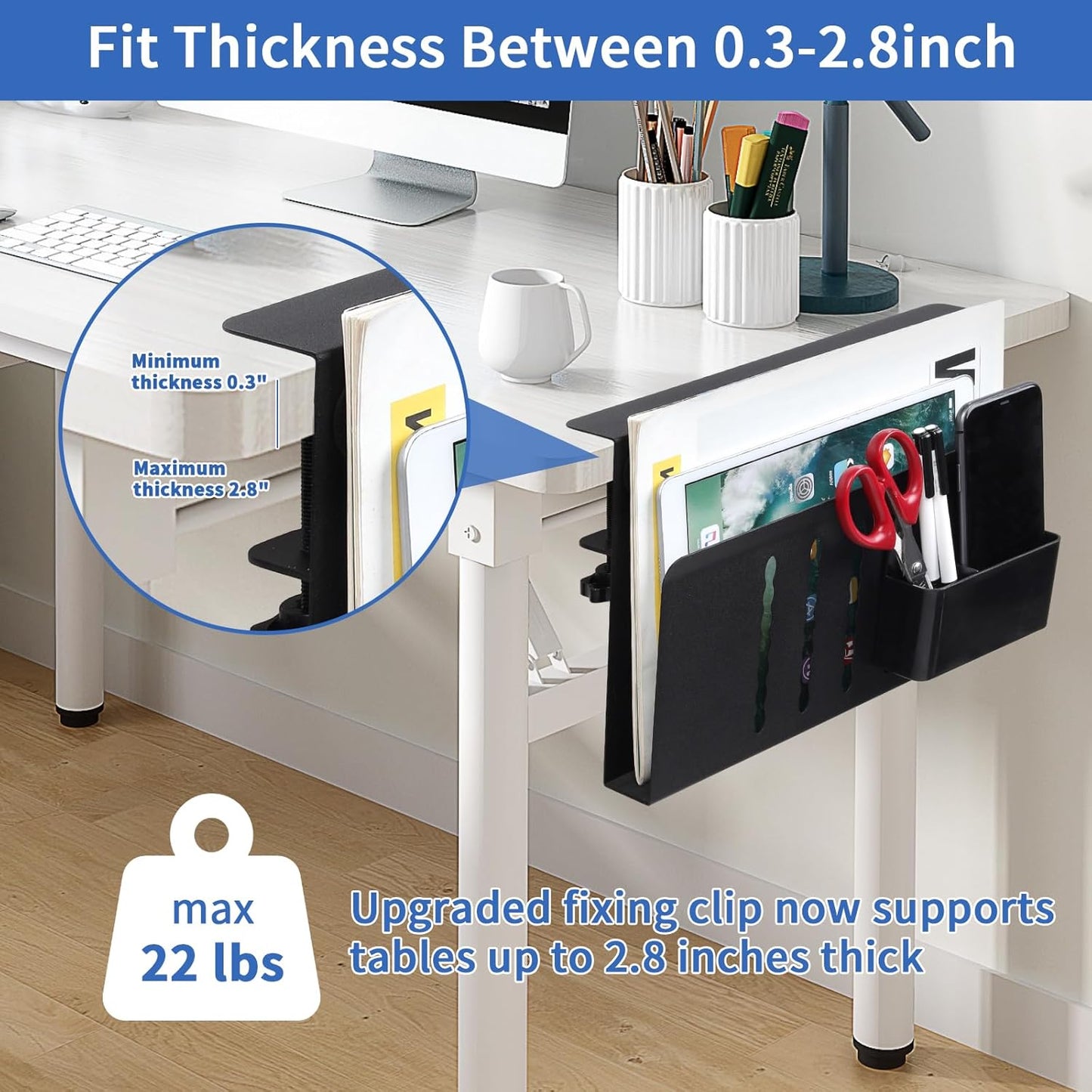 LUKETURE Laptop Holder, Steel Desk Side Storage, No Drill Standing Desk Accessories, Clamp on Laptop Mount with Pen Holder, Fits Flat Edge Tables 0.3" to 2.8" (Black, M(1 Tier))