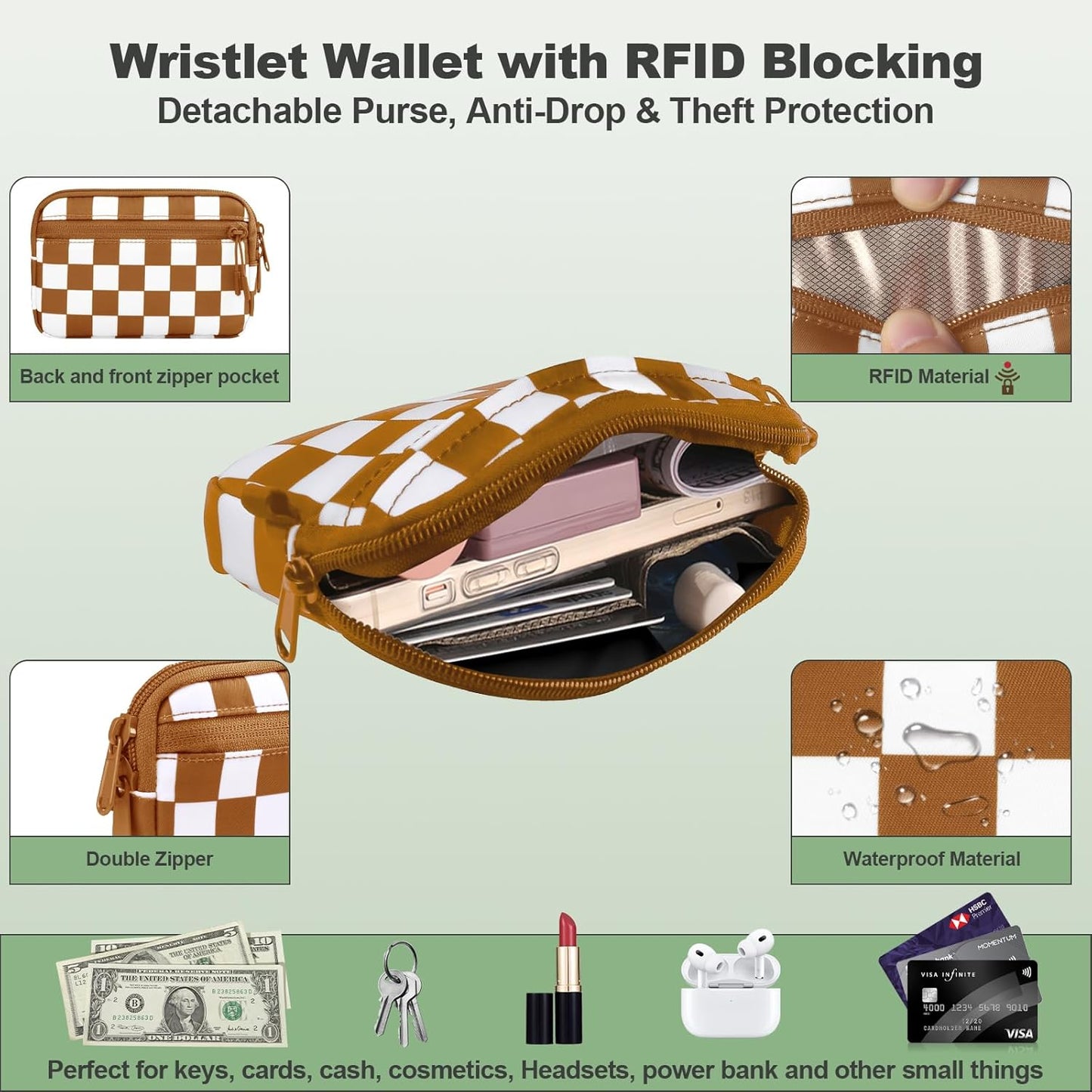 Clip and Go Strap for Phone with Wallet Crossbody, Adjustable Phone Lanyard with Detachable RFID Wristlet Wallet, Phone Strap with Phone Tabs for All Phones, Bronze Checkered (M)