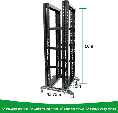 27U Server Rack/4-Post 19in Network Rack/Open Frame Rack with Wheels, Heavy-Duty Frame Cabinet/Adjustable Depth 15.75-13.75in GLOBALRACK(4POST-600-27U)