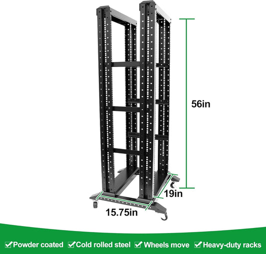 27U Server Rack/4-Post 19in Network Rack/Open Frame Rack with Wheels, Heavy-Duty Frame Cabinet/Adjustable Depth 15.75-13.75in GLOBALRACK(4POST-600-27U)