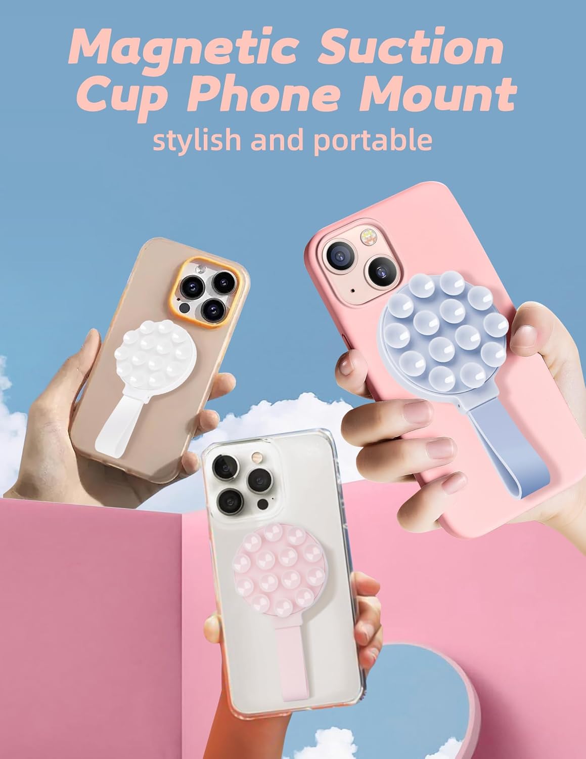 Magnetic Suction Phone Case Mount, Silicone Suction Cup Grip Stand for MagSafe Case, Hands-Free Phone Holder for iPhone 16/15/14 Pro Max, TikTok Videos, Selfies, Women Gift (Light Pink)911001A (White)