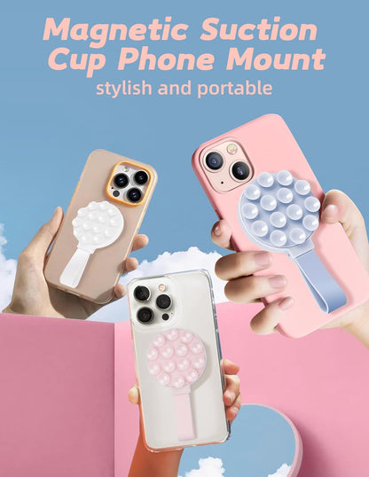 Magnetic Suction Phone Case Mount, Silicone Suction Cup Grip Stand for MagSafe Case, Hands-Free Phone Holder for iPhone 16/15/14 Pro Max, TikTok Videos, Selfies, Women Gift (Light Pink)911001A (White)