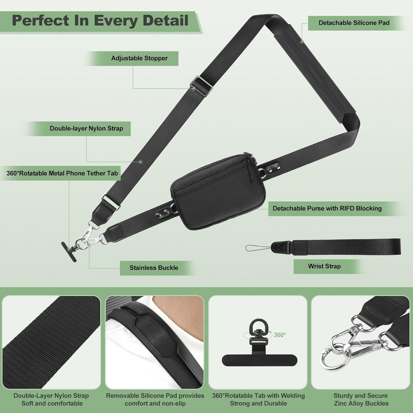 Clip and Go Strap for Phone with Wallet Crossbody, Adjustable Phone Lanyard with Detachable RFID Wristlet Wallet, Universal Phone Strap with 360° Rotatable Phone Tabs for All Phones (Black)