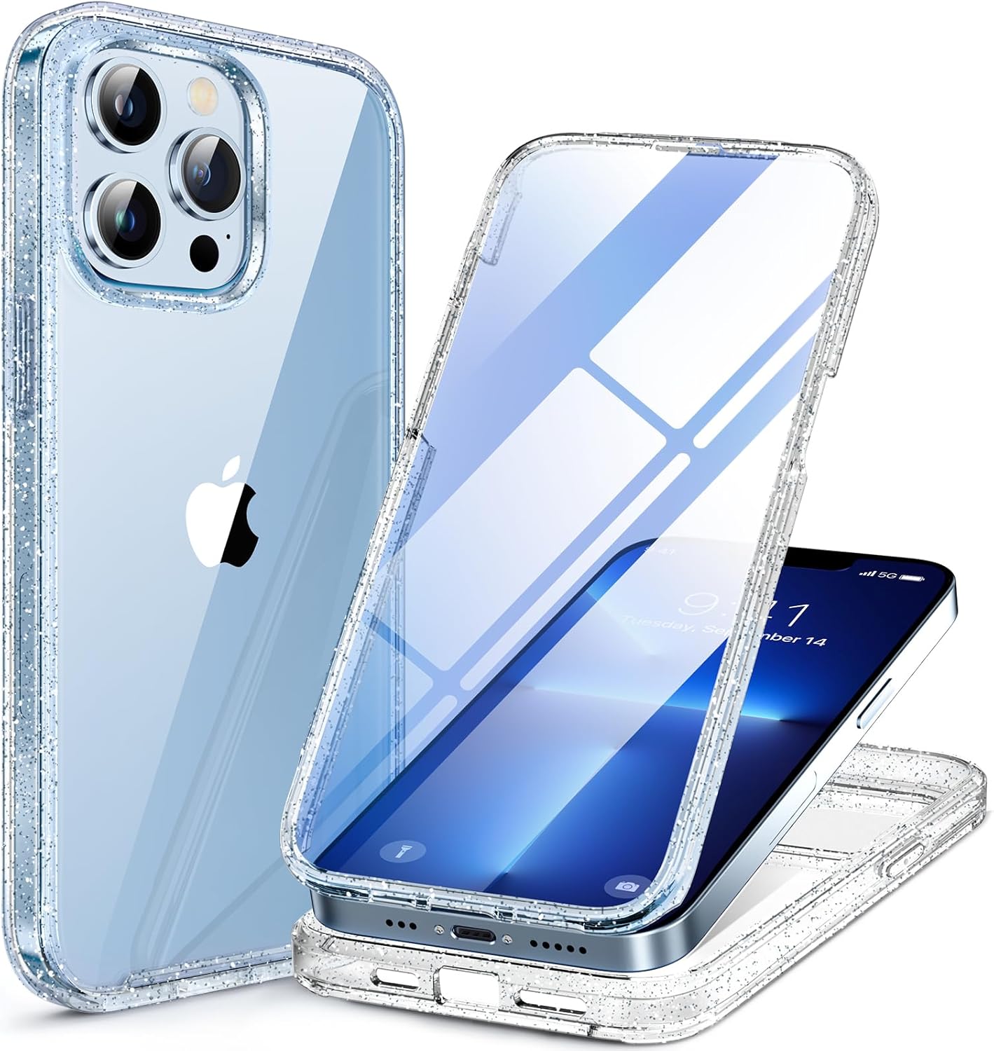 Miracase Glass Case for iPhone 13 Pro Max 6.7 inch, Upgrade Full-Body Clear Bumper Case with Built-in 9H Tempered Glass Screen Protector for iPhone 13 Pro Max, Clear Glitter