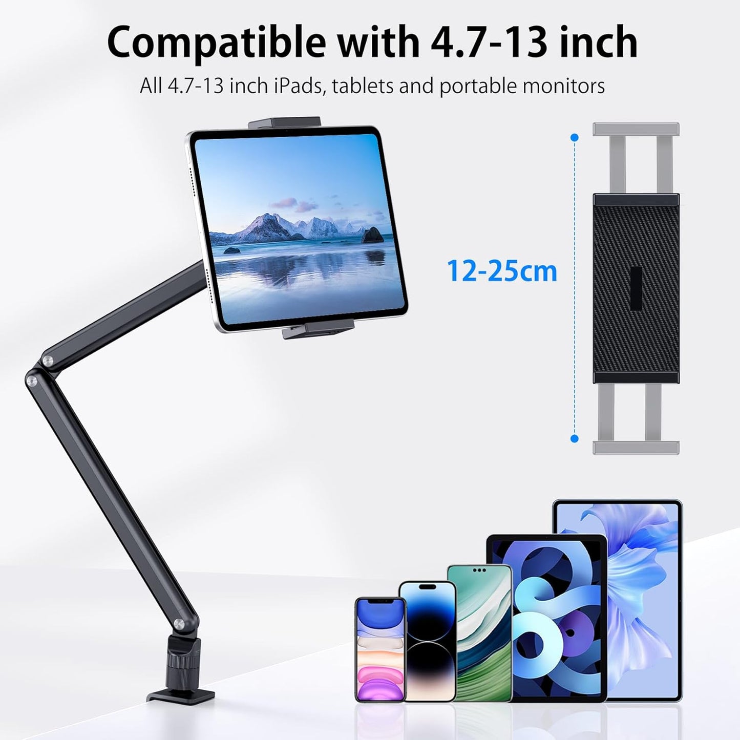 Tablet Stand Holder, Aluminum iPad Desk Mount Bracket, Tablet Arm Mount Holder with 360°Rotating Metal Base, Fits for iPad Air Pro Mini, Phones, Samsung Galaxy, Kindle, All 4.7-13 Inch Devices