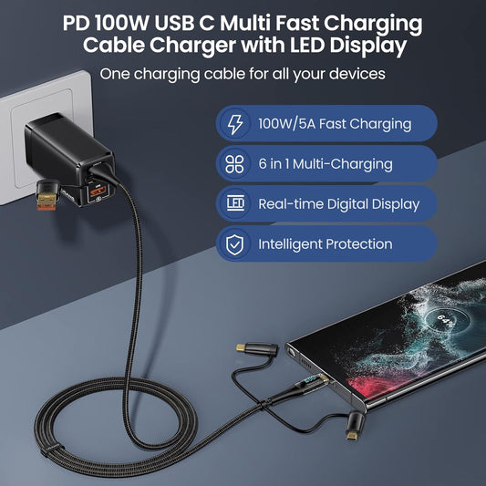 USB C to Multi Charging Cable, USAMS 100W 6.6FT 5A Type C to Type C Fast Charger Charging Cord with LED Display 5-in-1 C/A to C/Micro/IP Sync Charger Adapter Compatible for Laptop/Tablet/Phone