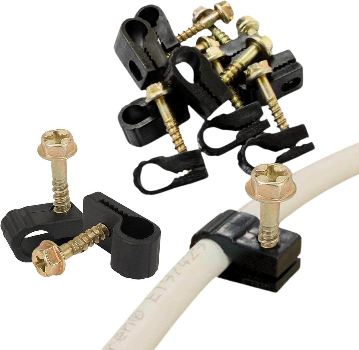 STEREN Coaxial Cable Clips - Cable Holder - Siding Clips for Hanging - Cord Holder for Desk - Cable Clamps - Cord Clip - Wire Organizer Clips - Tv Mount Screws (Black, 100 Count - Single Screw)