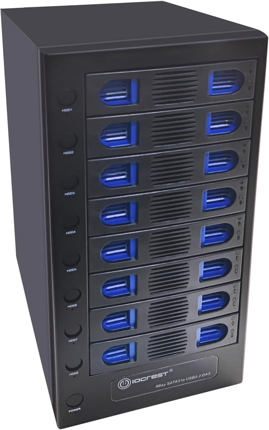 8 Bay Tool Less Tray Hot Swapable 2.5" and 3.5" SATA Hard Drive External USB-C 3.2 (10Gbps) Hard Drive Enclosure. Support up to 8X 22TB Capacity.
