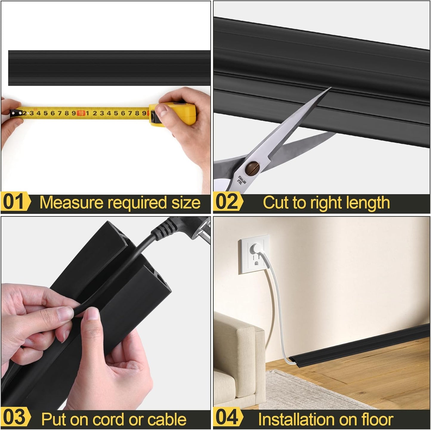 MYFAMIREA 6.5FT Floor Cord Cover Heavy Duty Cable Cover Protector 3 Channels Extension PVC Floor Wire Cover Outdoor Cord Hider Management Cord Cover for Wire on Floor for Home Office Outdoor, Black