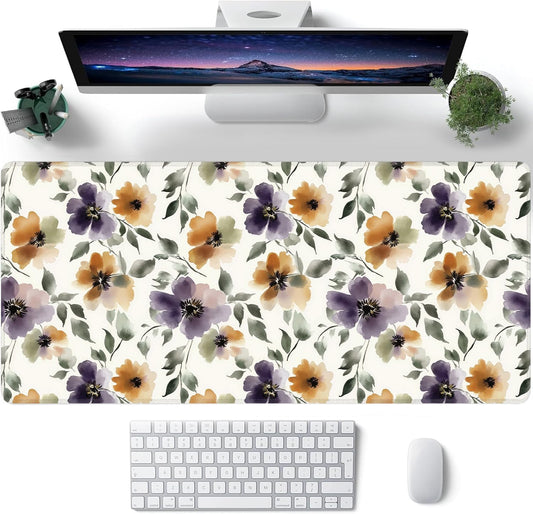 Watercolor Floral Large Mouse Pad,Gaming Keyboard Desk Pad,Extended Mouse Mat Non-Slip Rubber Base with Stitched Edges for Office Game Home XXL 35.4"x15.7"