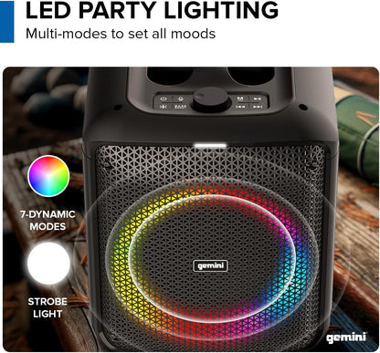 Gemini Box-Style Bluetooth Party Speaker with LED Lights, 6.5” Woofer, Wireless Mic, Deep Bass, TWS Stereo Pairing, USB/SD/FM/Aux, 10-Hour Battery Play Time, 100W Loud Sound for Home & Karaoke