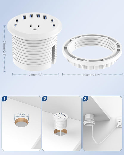 Jgstkcity 65W USB-C Hidden Desktop Power Grommet: 1 AC Outlet,8 USB Charging Ports,3'' Hole Flush Mount Pop-Up Power for Conference Tables & Nightstands (Whtie, 6 FT - 2PCS)