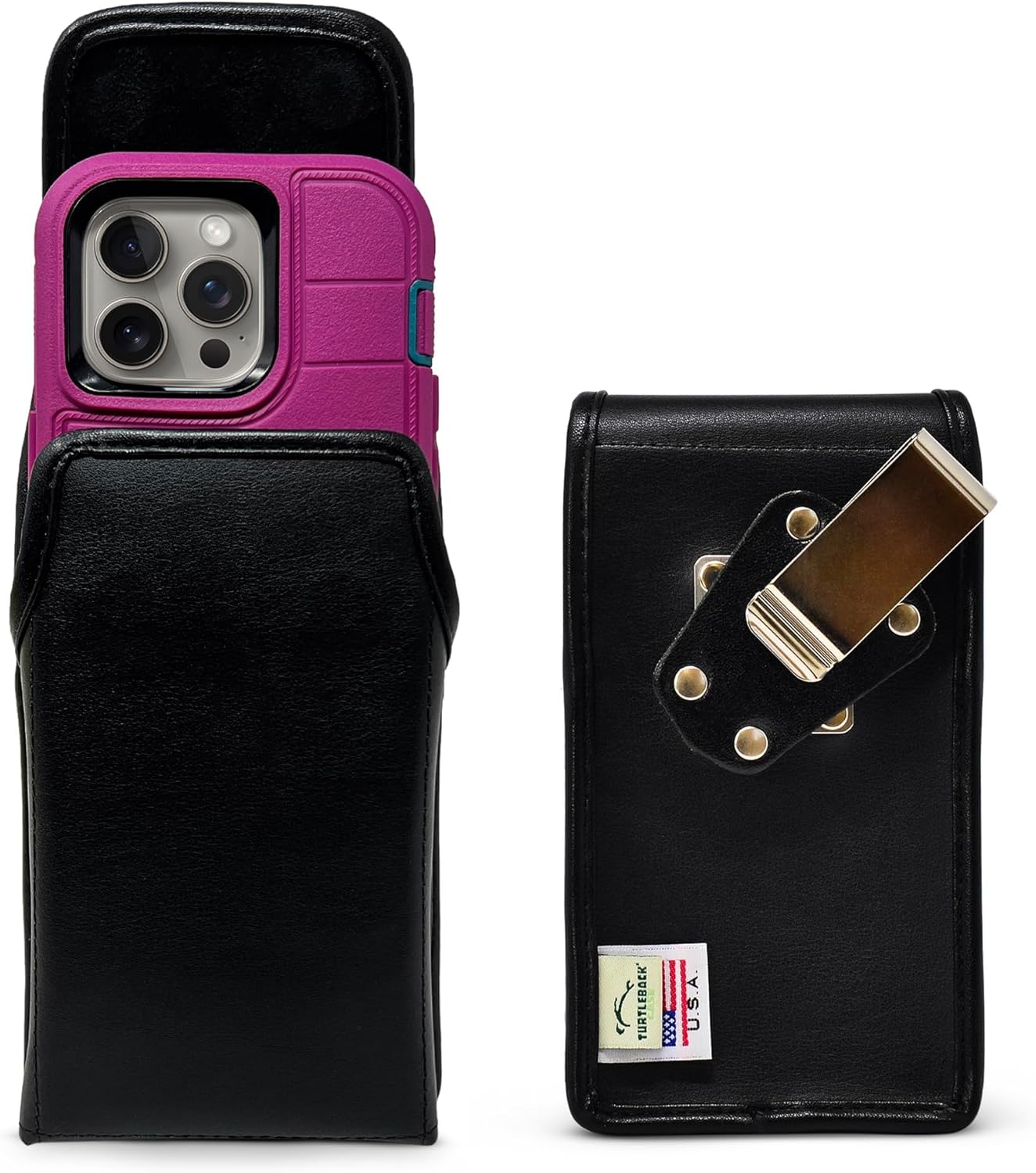 Turtleback Belt Clip for iPhone 16 Pro, 16e, 15 pro 14 Pro 13 Pro -Large- Fits w/Defender Bulky Style Cases, Premium Black Leather, Vertical Belt Holder, Magnetic Closure HD Rotating Belt Clip
