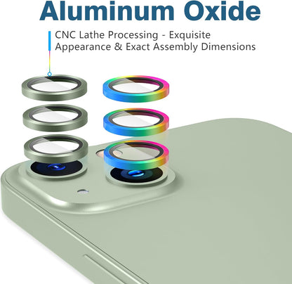 AGVEE 3+3 6 Pack for iPhone 15 6.1" / 15 Plus 6.7" Camera Lens Cover Protector, Metal Ring 9H Tempered HD Glass Camera Cover Protector Film, Green