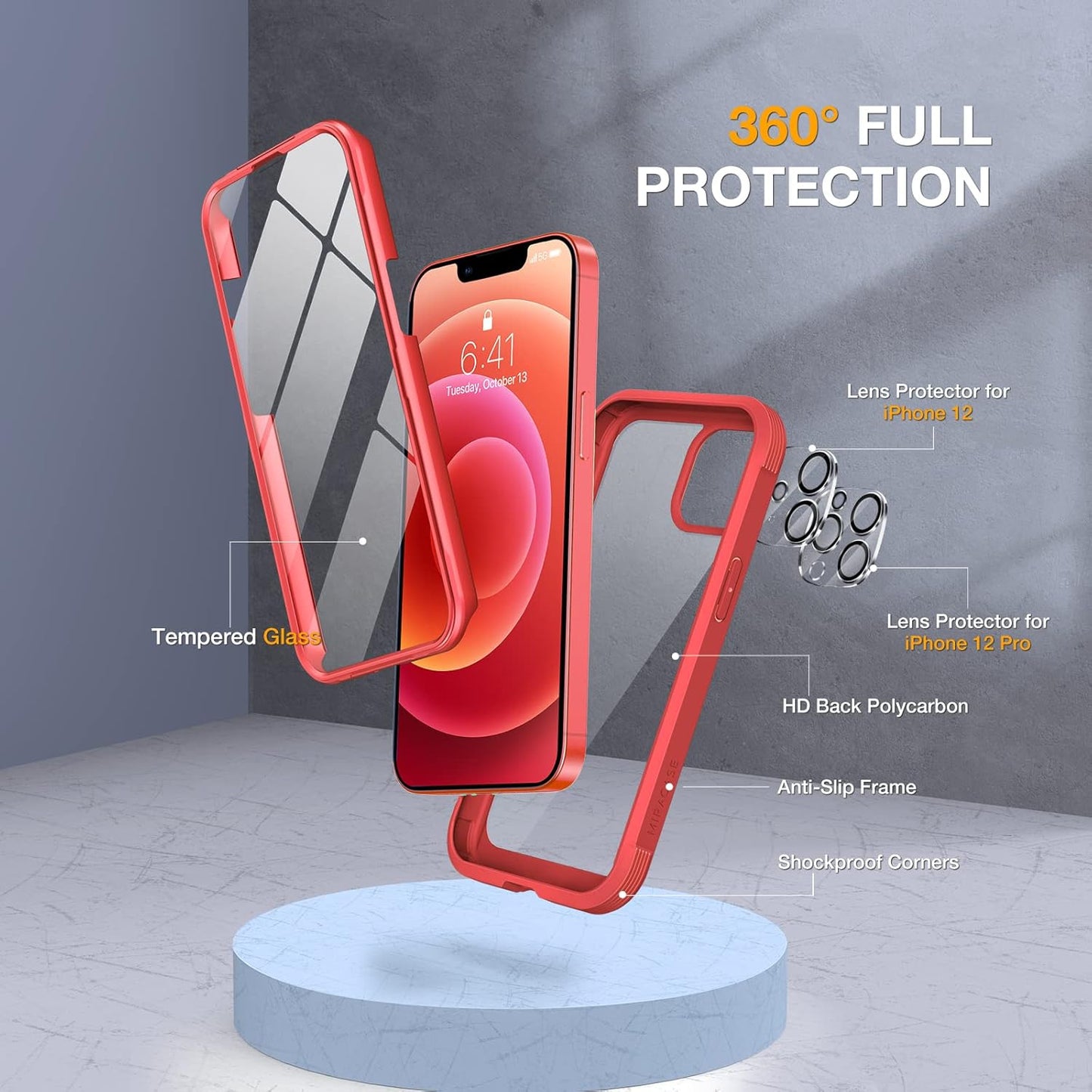 Miracase Glass Series for iPhone 12/12 Pro Case 6.1 inch, Upgraded Full-Body Rugged Phone Bumper Case Cover with Built-in 9H Tempered Glass Screen Protector and Camera Protector, Red