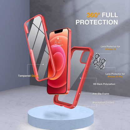 Miracase Glass Series for iPhone 12/12 Pro Case 6.1 inch, Upgraded Full-Body Rugged Phone Bumper Case Cover with Built-in 9H Tempered Glass Screen Protector and Camera Protector, Red