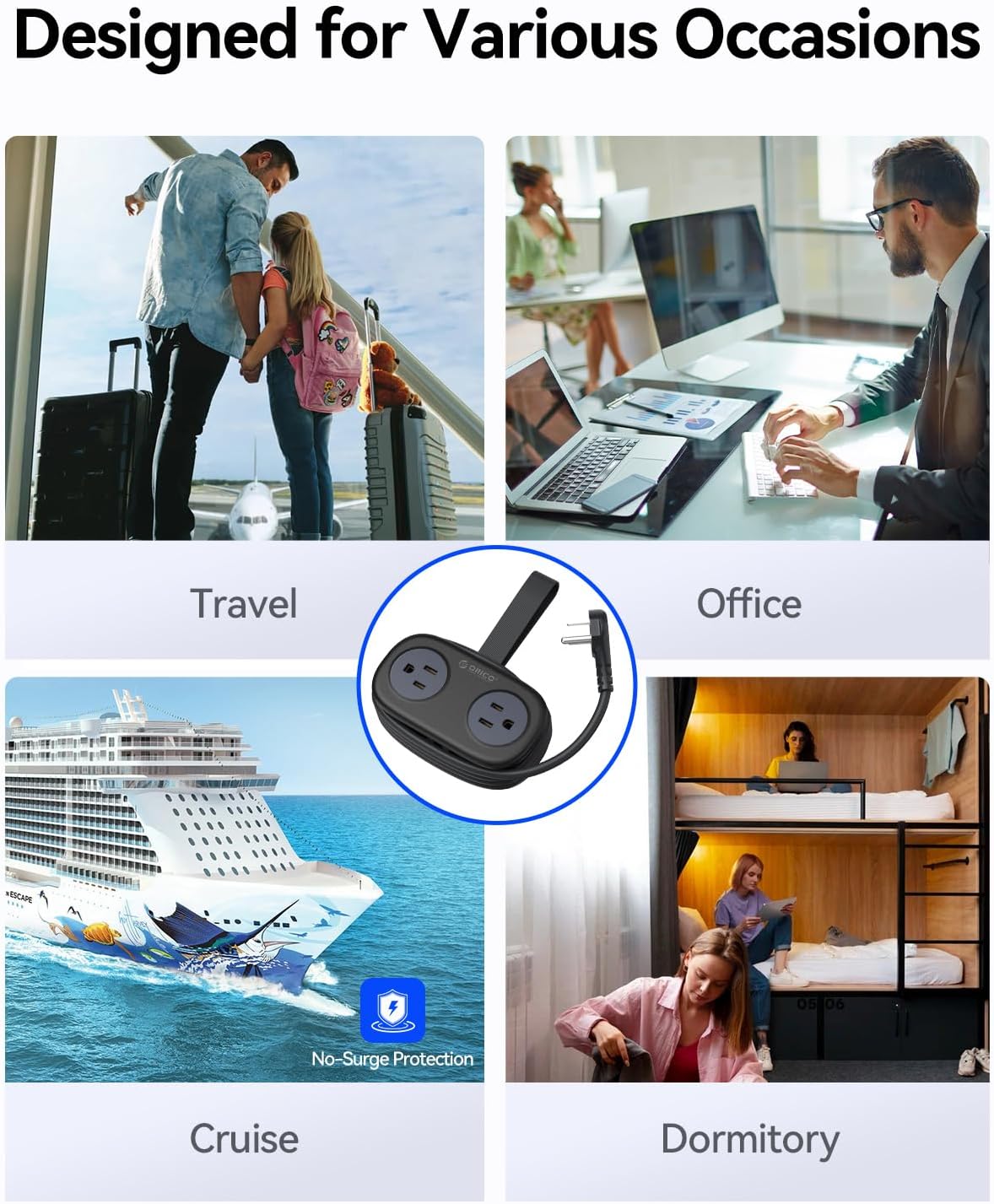 ORICO Travel Power Strip PD20W with 4 AC Outlets 3 USB Ports (1 USB-C), 4FT Flat Plug Extension Cord, Compact Portable Design for Business Travel, Cruise Ship Essentials-AP3
