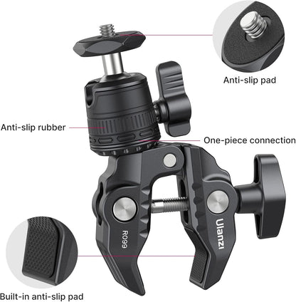ULANZI R099 Super Clamp Camera Mount with 360° Ballhead for Bike/Bicycle/Motorcycle Handlebar Pole Tripod Tube Crossbar Gimbal Rods Mount for Insta360/GoPro/AKASO/DJI/Phone/DSLR/Light/Monitor
