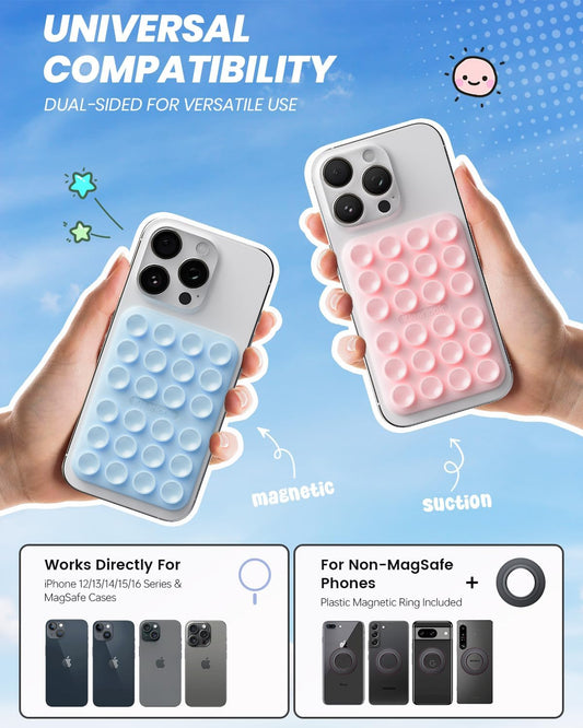 Klearlook 2Pack Magnetic Suction Phone Mount for MagSafe Case, Sticky Phone Grip Holder for iPhone, Removable Hands-Free Selfie/Video for TikTok Influencers, Women Girl Gift, Light Pink & Light Blue