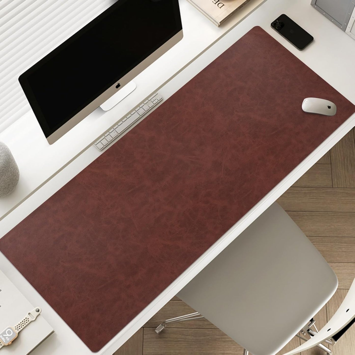 Leather Desk pad for Computer and laptops, Ideal for Gaming and Office use, Large Mouse pad and Keyboard mat,Desk mat Special for Man. A complimentary Wrist pad and Phone Stand.(Brown, 17.7" x 39.37)