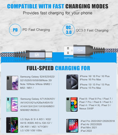sweguard USB Type C Charger Cable [3-Pack,10ft+6.6ft+3.3ft] iPhone 15 Charger Nylon Braided Cord for iPhone 15 Pro Max Samsung Galaxy S23 S22 S21 S20 S10 S9 Note 20 10 Flip A53 A54 Pixel LG Moto PS5